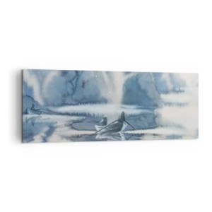 Cuadro sobre lienzo - Impresión de Imagen - Paisaje de acuarela con barcos en un lago rodeado de un bosque brumoso. - 140x50cm - Pescadores en su paraíso - Decoración de pared moderna para salón y dormitorio ARTTOR