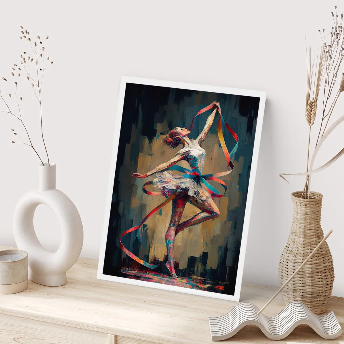 Póster - Una bailarina en una pose dinámica con cintas de colores. - 50x70cm - Baile con lazo - Decoración de pared moderna para salón y dormitorio ARTTOR