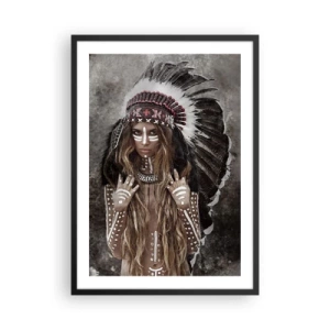 Póster en marco negro - Una mujer con un tocado de plumas y pinturas corporales blancas. - 50x70cm - El secreto de la fuerza de la tribu - Decoración de pared moderna para salón y dormitorio ARTTOR