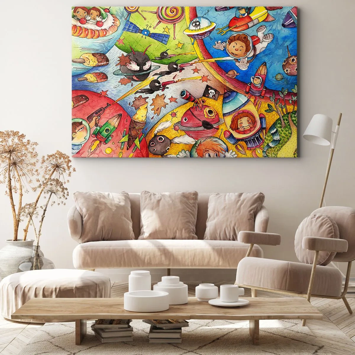 Cuadro sobre lienzo - Impresión de Imagen - Una escena espacial colorida llena de niños y naves espaciales. - 120x80cm - Una gran aventura cósmica - Decoración de pared moderna para salón y dormitorio ARTTOR