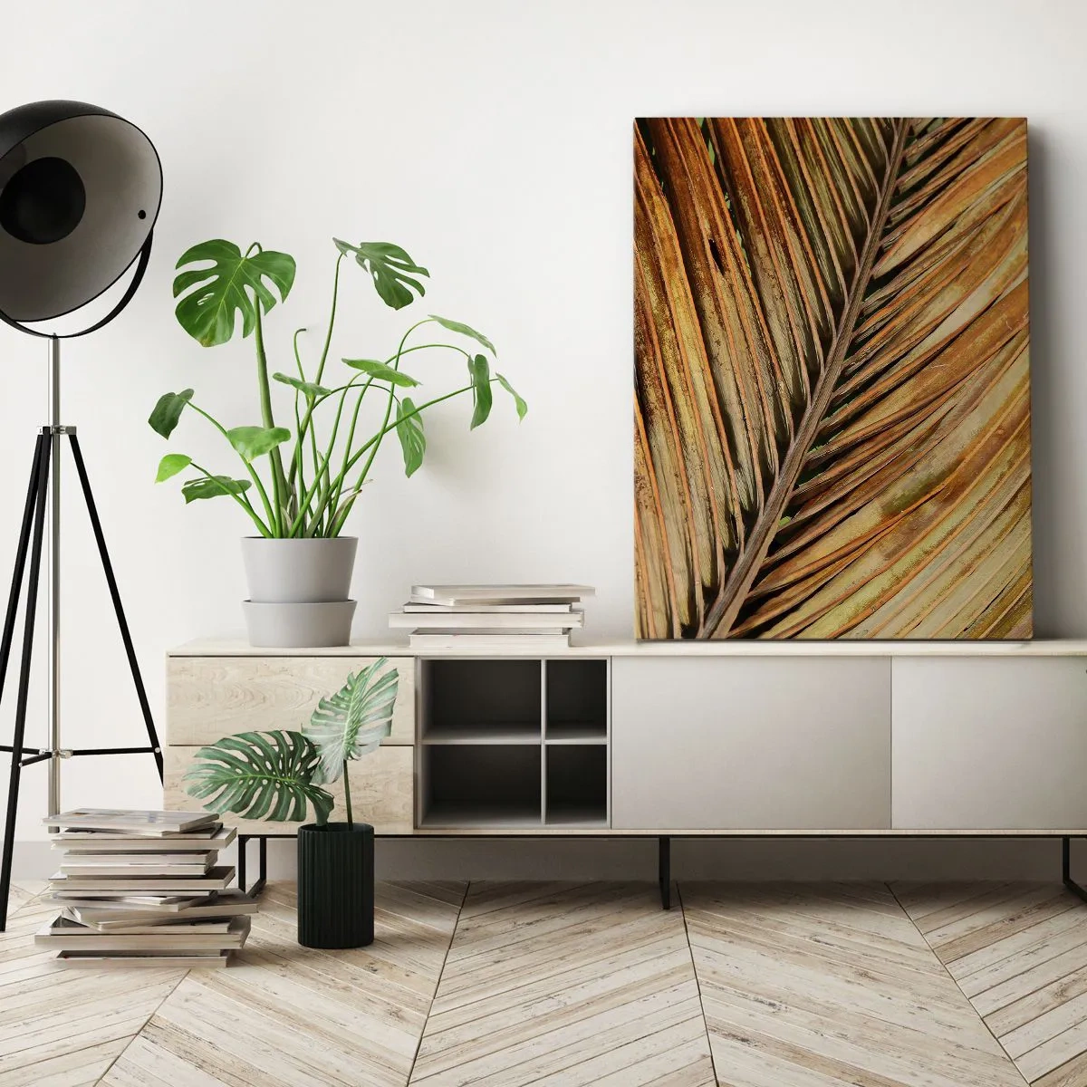 Cuadro sobre lienzo - Impresión de Imagen - Primer plano de una hoja de palma seca en tonos cálidos. - 50x70cm - Oro de coco - Decoración de pared moderna para salón y dormitorio ARTTOR