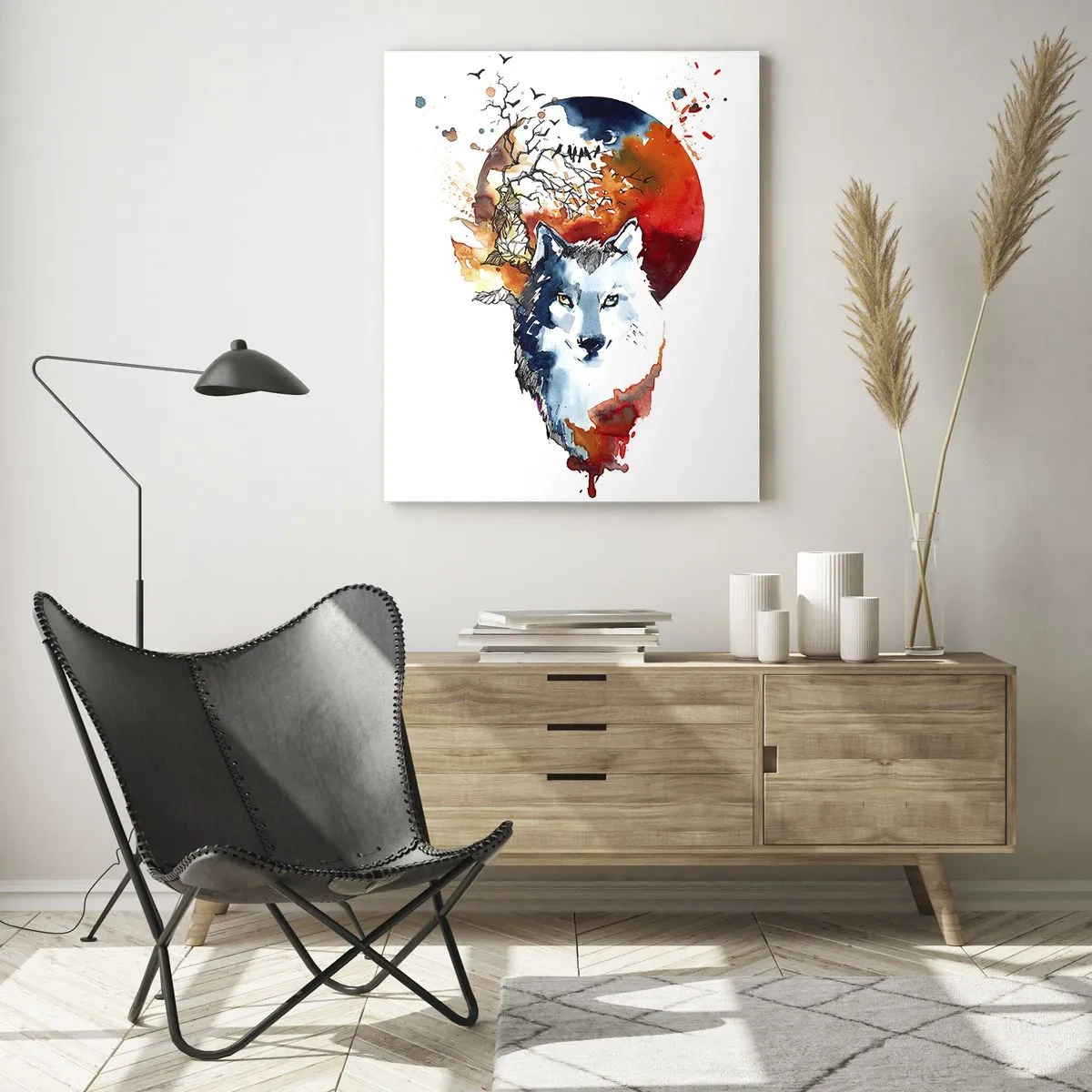 Cuadro sobre vidrio - Impresiones sobre Vidrio - Pintura abstracta de acuarela de un lobo contra una luna roja. - 80x120cm - El acecho nocturno - Decoración de pared moderna para salón y dormitorio ARTTOR