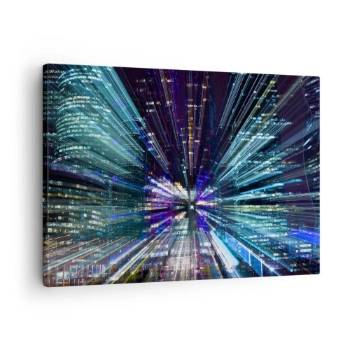 Cuadro sobre lienzo - Impresión de Imagen - Vista dinámica de la ciudad por la noche con efecto de iluminación. - 70x50cm - Cruzando el hiperespacio - Decoración de pared moderna para salón y dormitorio ARTTOR