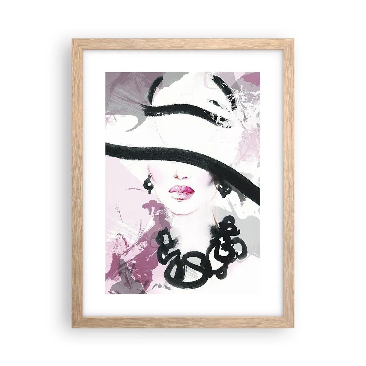Póster en marco roble claro - Retrato de una dama en negro y rosa - 30x40 cm