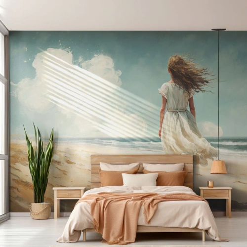 Fotomural Premium Sand - Una mujer con un vestido blanco caminando por la playa. - 100x70cm - Al encuentro del sol y del viento - Decoración de pared moderna para salón y dormitorio ARTTOR