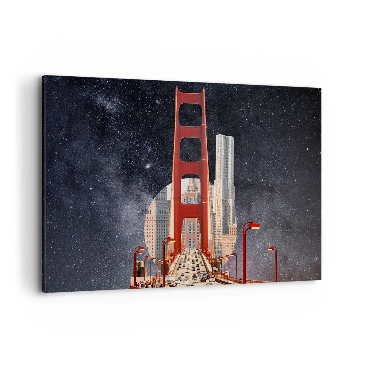 Cuadro sobre lienzo - Impresión de Imagen - El puente Golden Gate con la ciudad al fondo contra un cielo estrellado - 120x80cm - Siempre en el centro - Decoración de pared moderna para salón y dormitorio ARTTOR