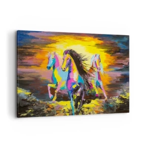 Cuadro sobre lienzo - Impresión de Imagen - Caballos coloridos galopando con el sol poniente como telón de fondo - 120x80cm - Sumergido en un arco iris - Decoración de pared moderna para salón y dormitorio ARTTOR