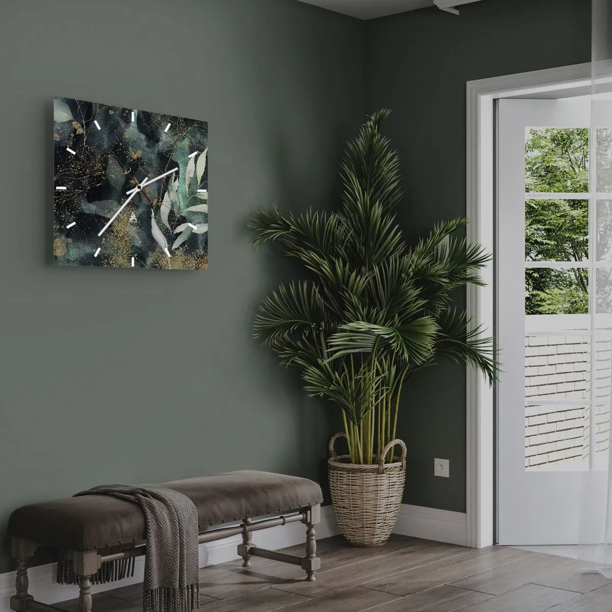 Reloj de pared - Reloj de vidrio - Hojas elegantes sobre un fondo oscuro con acentos dorados. - 30x30cm - Jardín encantado - Decoración de pared moderna para salón y dormitorio ARTTOR