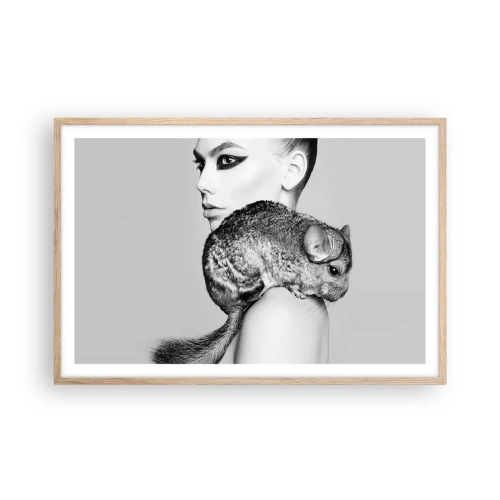 Póster en marco roble claro - Dama con chinchilla - 91x61 cm