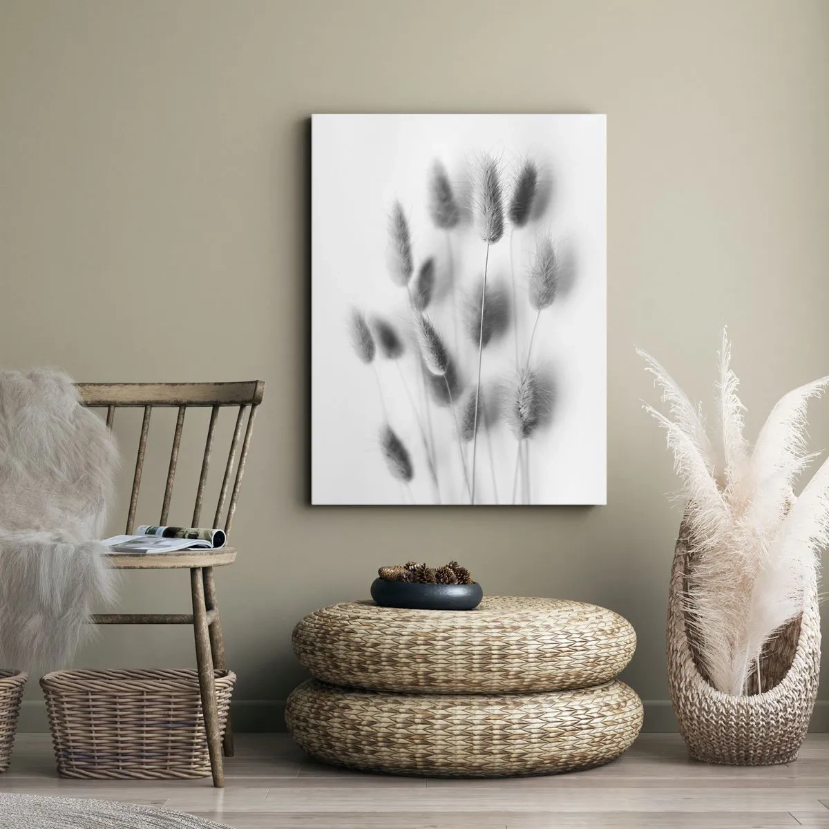 Cuadro sobre lienzo - Impresión de Imagen - Hierbas delicadas en tonos grises sobre un fondo blanco. - 50x70cm - Esponjas naturales - Decoración de pared moderna para salón y dormitorio ARTTOR