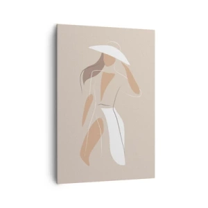 Cuadro sobre lienzo - Impresión de Imagen - Un dibujo minimalista de una mujer con sombrero sobre un fondo beige. - 70x100cm - La moda es alegría - Decoración de pared moderna para salón y dormitorio ARTTOR