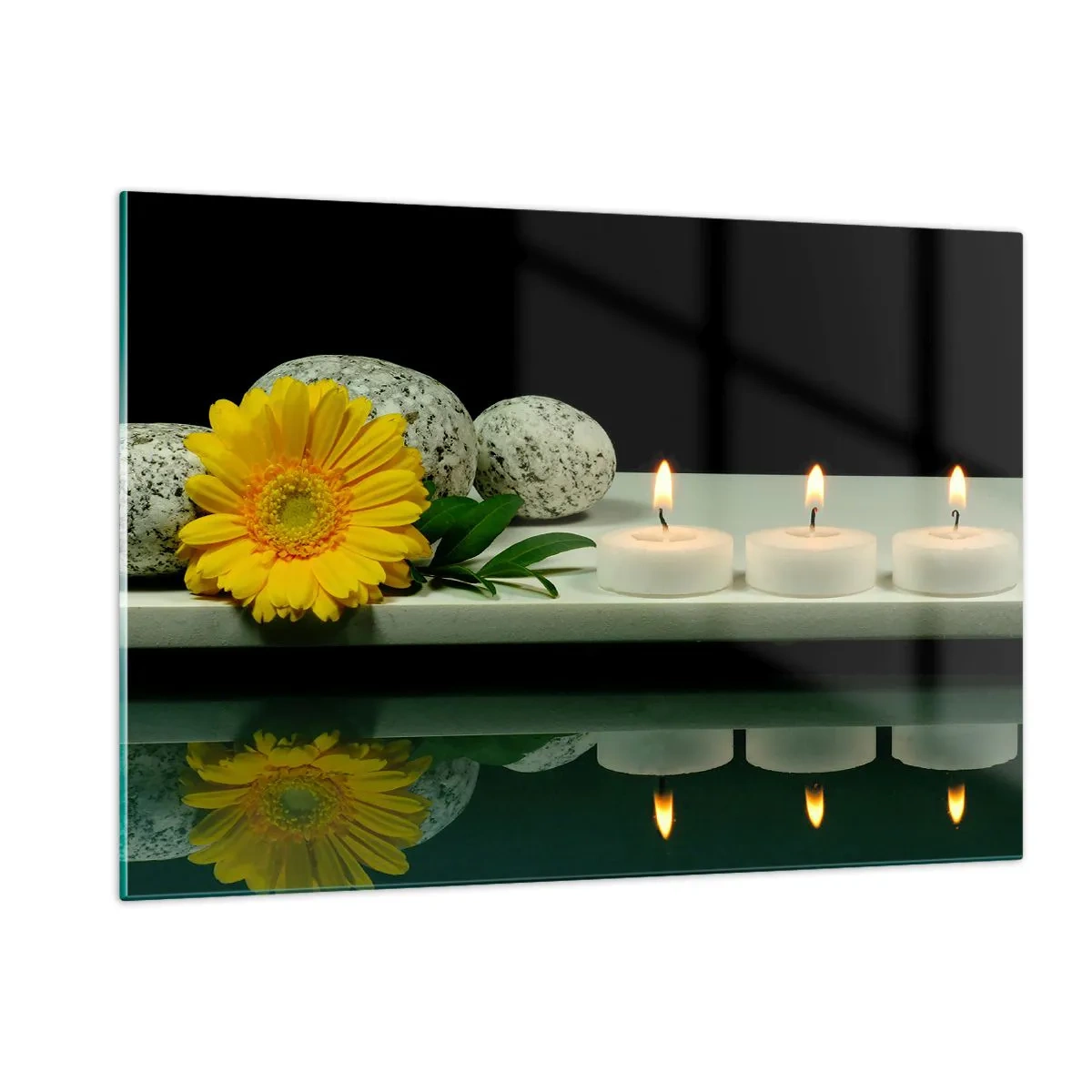Cuadro sobre vidrio - Impresiones sobre Vidrio - Velas, piedras y una flor amarilla reflejada en el agua. - 120x80cm - Calmar los sentidos - Decoración de pared moderna para salón y dormitorio ARTTOR