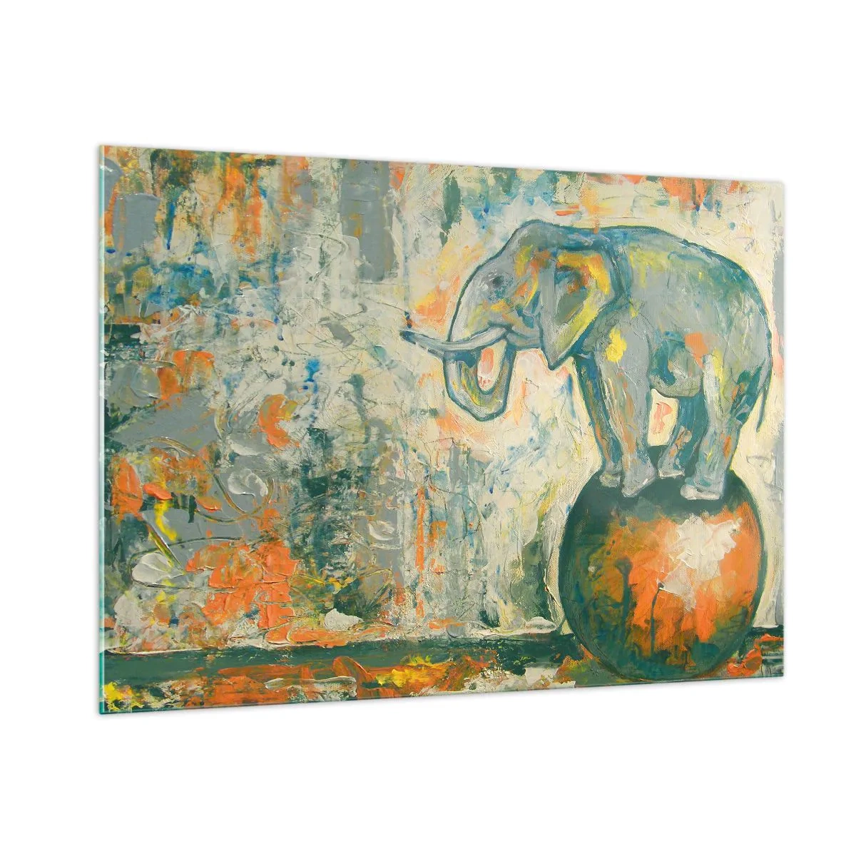 Cuadro sobre vidrio - Impresiones sobre Vidrio - Elefante abstracto en equilibrio sobre una pelota - 100x70cm - ¡Viva el circo! - Decoración de pared moderna para salón y dormitorio ARTTOR