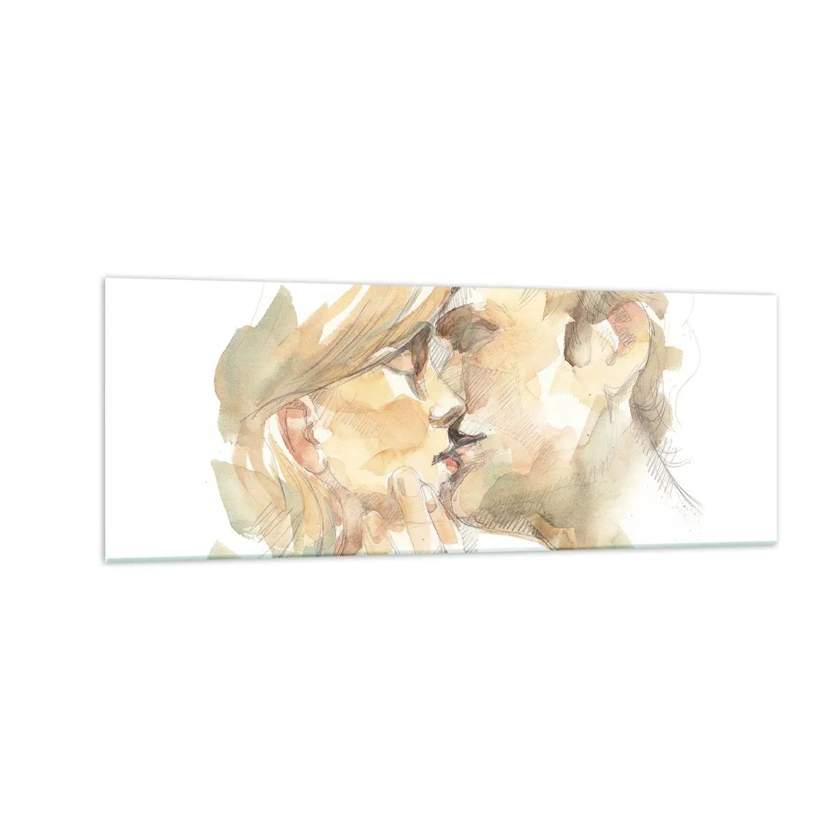 Cuadro sobre vidrio - Impresiones sobre Vidrio - Retrato romántico en acuarela de una pareja besándose. - 140x50cm - ¿La media naranja encontrada? - Decoración de pared moderna para salón y dormitorio ARTTOR