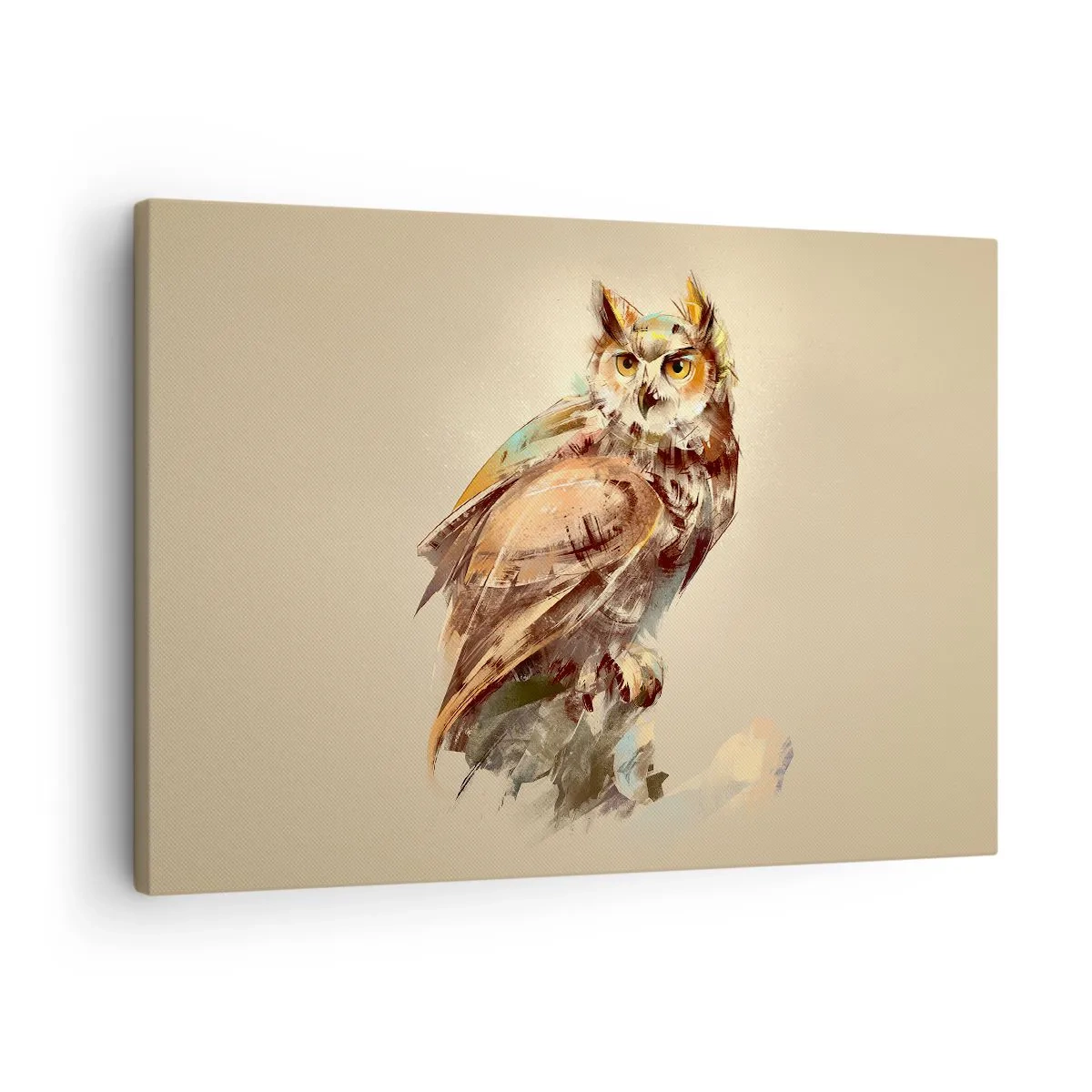 Cuadro sobre lienzo - Impresión de Imagen - Retrato artístico de un búho sobre un fondo claro en tonos cálidos. - 70x50cm - Sabiduría de búho - Decoración de pared moderna para salón y dormitorio ARTTOR