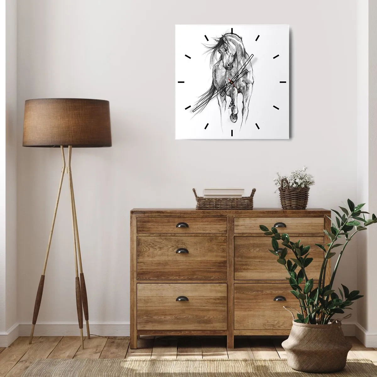 Reloj de pared - Reloj de vidrio - Boceto en blanco y negro de un caballo al galope - 30x30cm - En un elegante trote - Decoración de pared moderna para salón y dormitorio ARTTOR