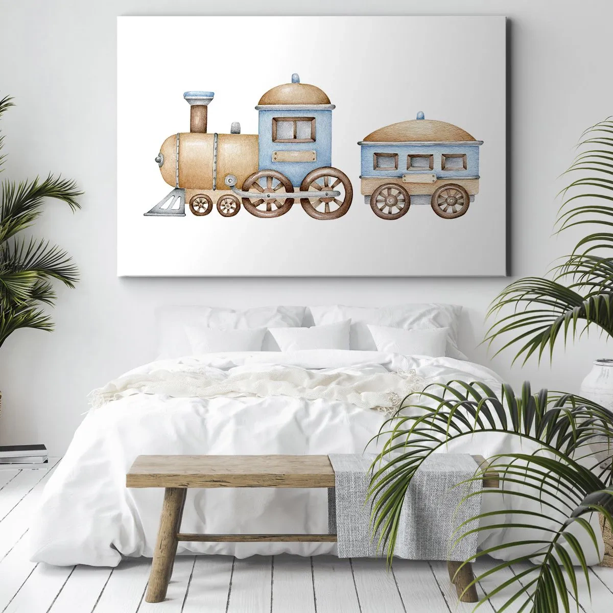 Cuadro sobre lienzo - Impresión de Imagen - Dibujo de un tren en tonos pastel sobre fondo blanco. - 70x50cm - De pie en la estación... - Decoración de pared moderna para salón y dormitorio ARTTOR