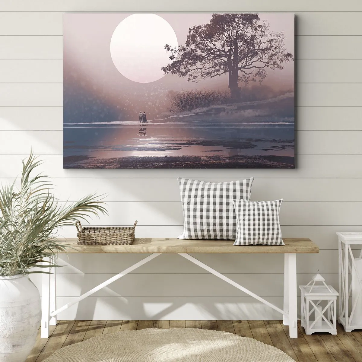Cuadro sobre lienzo - Impresión de Imagen - Escena romántica con la luna y un árbol junto al agua. - 100x70cm - Rarezas nocturnas - Decoración de pared moderna para salón y dormitorio ARTTOR