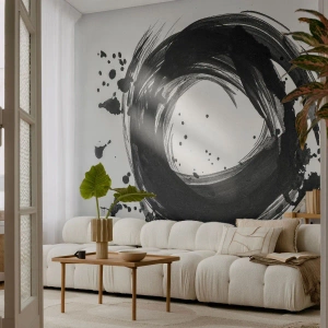 Fotomural Premium Canvas - Abstracción negra en forma de círculo sobre fondo blanco. - 100x70cm - El torbellino de la creación - Decoración de pared moderna para salón y dormitorio ARTTOR