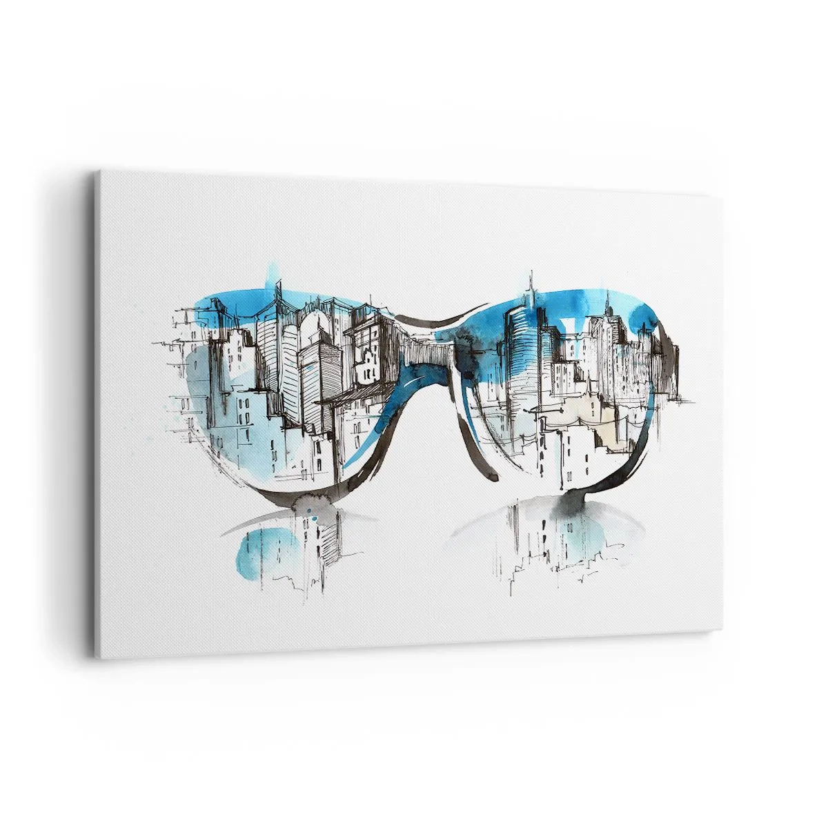 Cuadro sobre lienzo - Impresión de Imagen - Acuarela del panorama de la ciudad reflejado en las gafas. - 120x80cm - La elegancia de la gran ciudad - Decoración de pared moderna para salón y dormitorio ARTTOR
