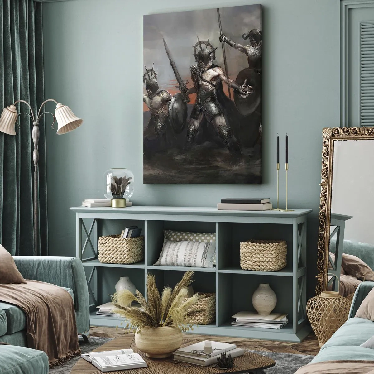 Cuadro sobre lienzo - Impresión de Imagen - Un grupo de guerreros con armadura y lanzas con el atardecer como telón de fondo. - 80x120cm - Escudo con escudo - Decoración de pared moderna para salón y dormitorio ARTTOR