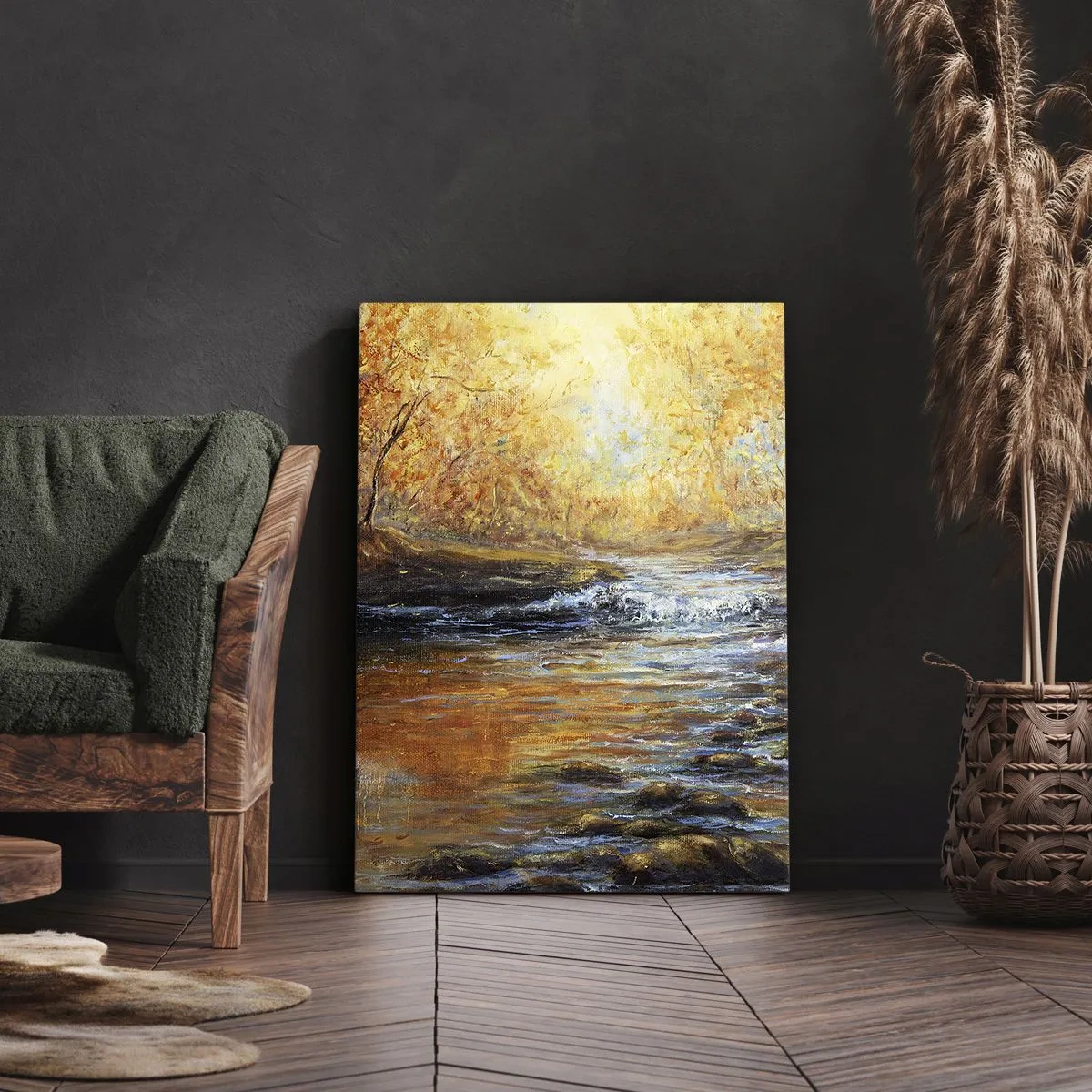 Cuadro sobre lienzo - Impresión de Imagen - Paisaje otoñal con un río entre los árboles. - 70x100cm - Arroyo de oro - Decoración de pared moderna para salón y dormitorio ARTTOR