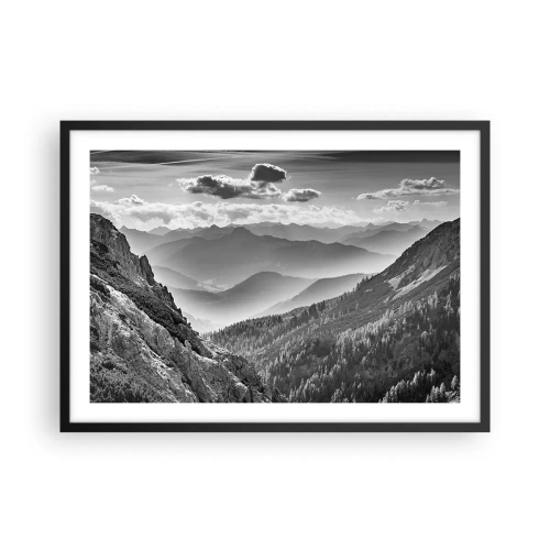 Póster en marco negro - Paisaje de montaña en blanco y negro con nubes sobre los picos. - 70x50cm - Hasta el horizonte - Decoración de pared moderna para salón y dormitorio ARTTOR
