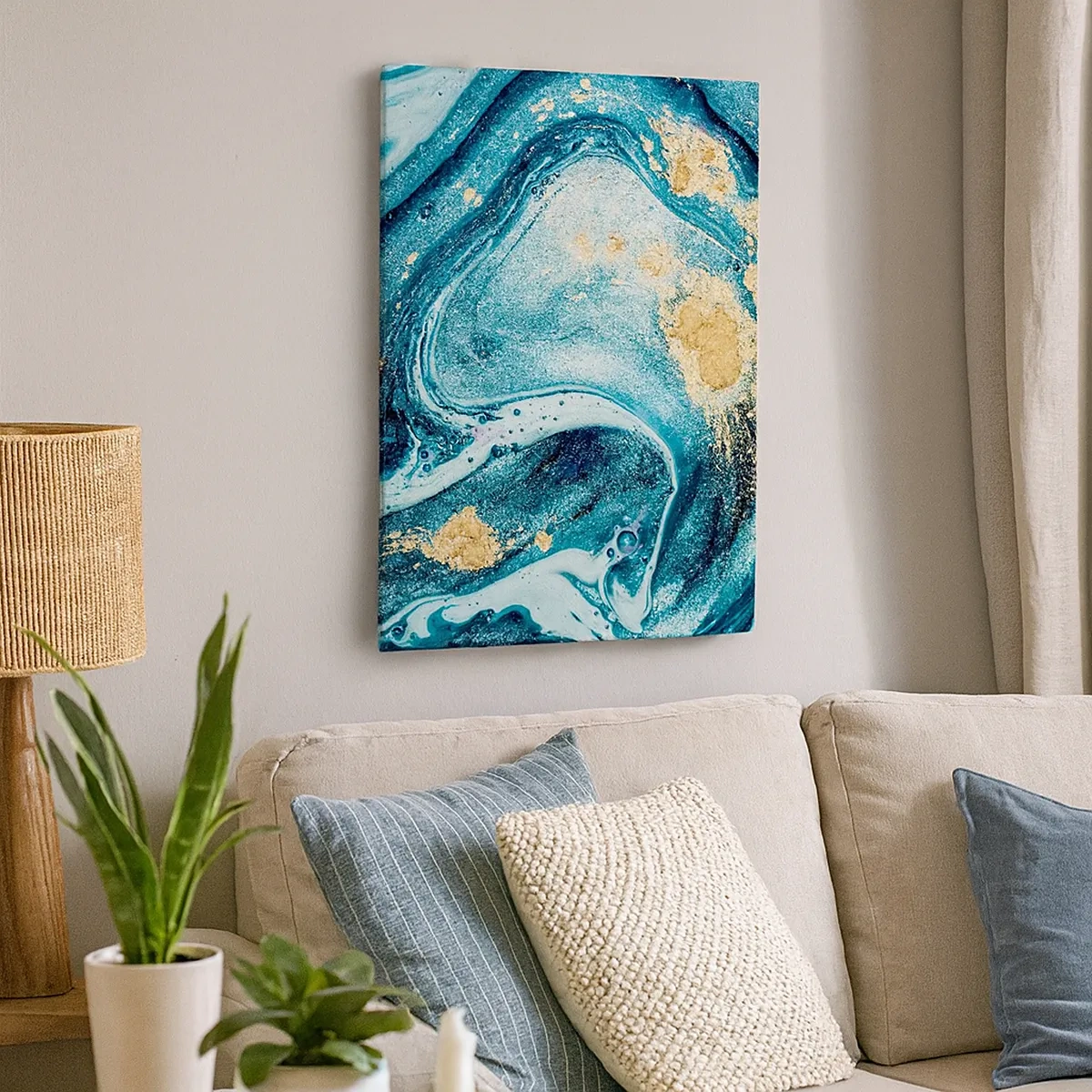 Cuadro sobre lienzo - Impresión de Imagen - Una composición abstracta de ondas y acentos dorados. - 50x70cm - Vórtice azul - Decoración de pared moderna para salón y dormitorio ARTTOR