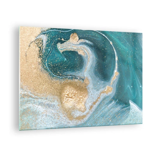 Cuadro sobre vidrio - Impresiones sobre Vidrio - Ondas doradas sobre turquesa en estilo abstracto - 70x50cm - Un remolino de oro y turquesa - Decoración de pared moderna para salón y dormitorio ARTTOR
