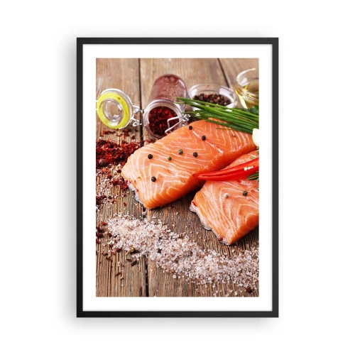 Póster en marco negro - Filetes de salmón con especias sobre fondo rústico. - 50x70cm - Una aventura noruega en la cocina - Decoración de pared moderna para salón y dormitorio ARTTOR