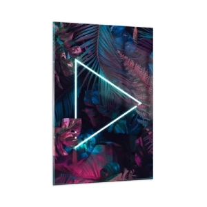 Cuadro sobre vidrio - Impresiones sobre Vidrio - Un triángulo de neón rodeado de hojas tropicales en colores oscuros. - 80x120cm - Jardín fluorescente - Decoración de pared moderna para salón y dormitorio ARTTOR