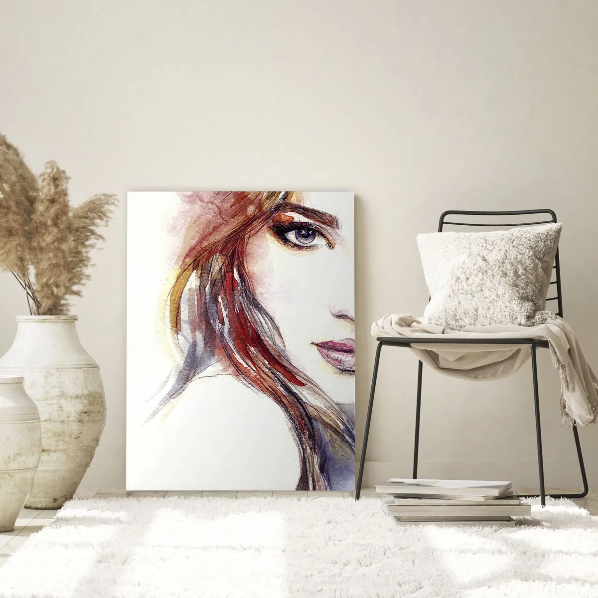 Cuadro sobre vidrio - Impresiones sobre Vidrio - Una sutil acuarela del rostro de una mujer con una mirada expresiva. - 80x120cm - Sígueme - Decoración de pared moderna para salón y dormitorio ARTTOR