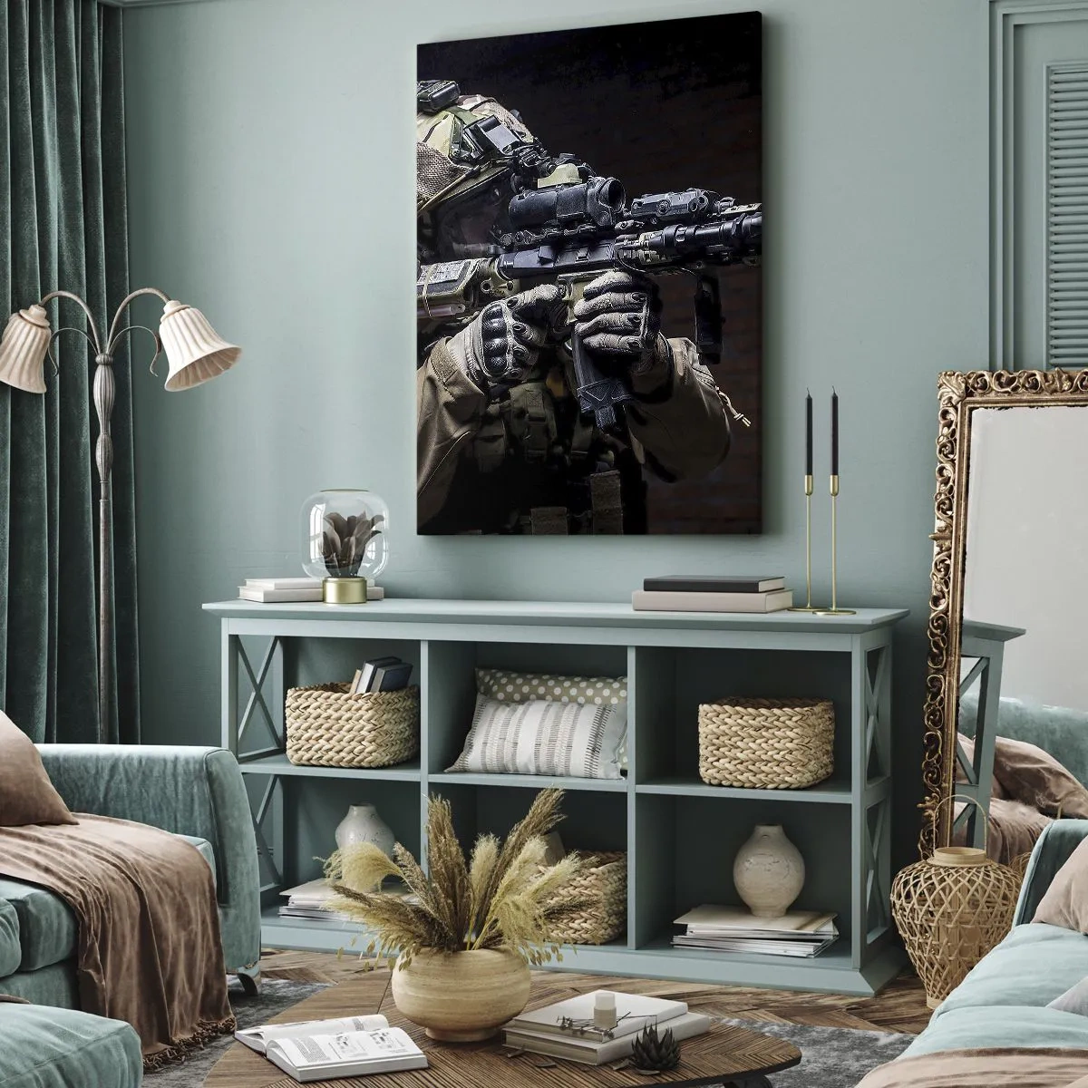 Cuadro sobre lienzo - Impresión de Imagen - Un soldado con equipo completo y un rifle. - 80x120cm - Mortalmente eficaz - Decoración de pared moderna para salón y dormitorio ARTTOR