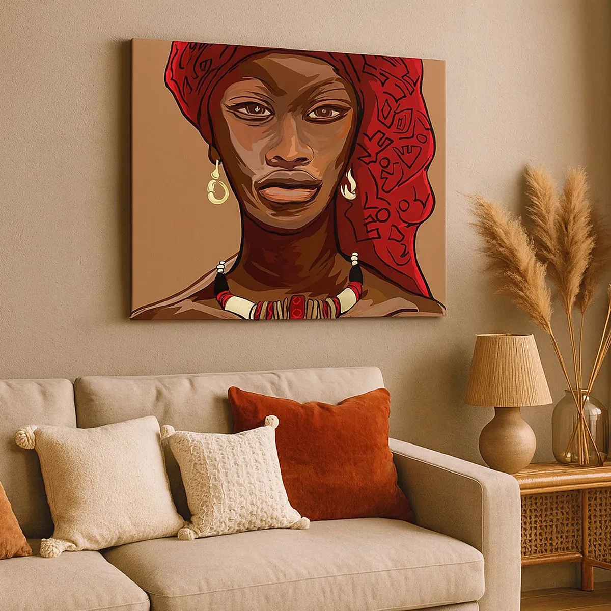 Cuadro sobre lienzo - Impresión de Imagen - Retrato de una mujer con un turbante rojo sobre un fondo beige - 70x50cm - Venus de ébano - Decoración de pared moderna para salón y dormitorio ARTTOR