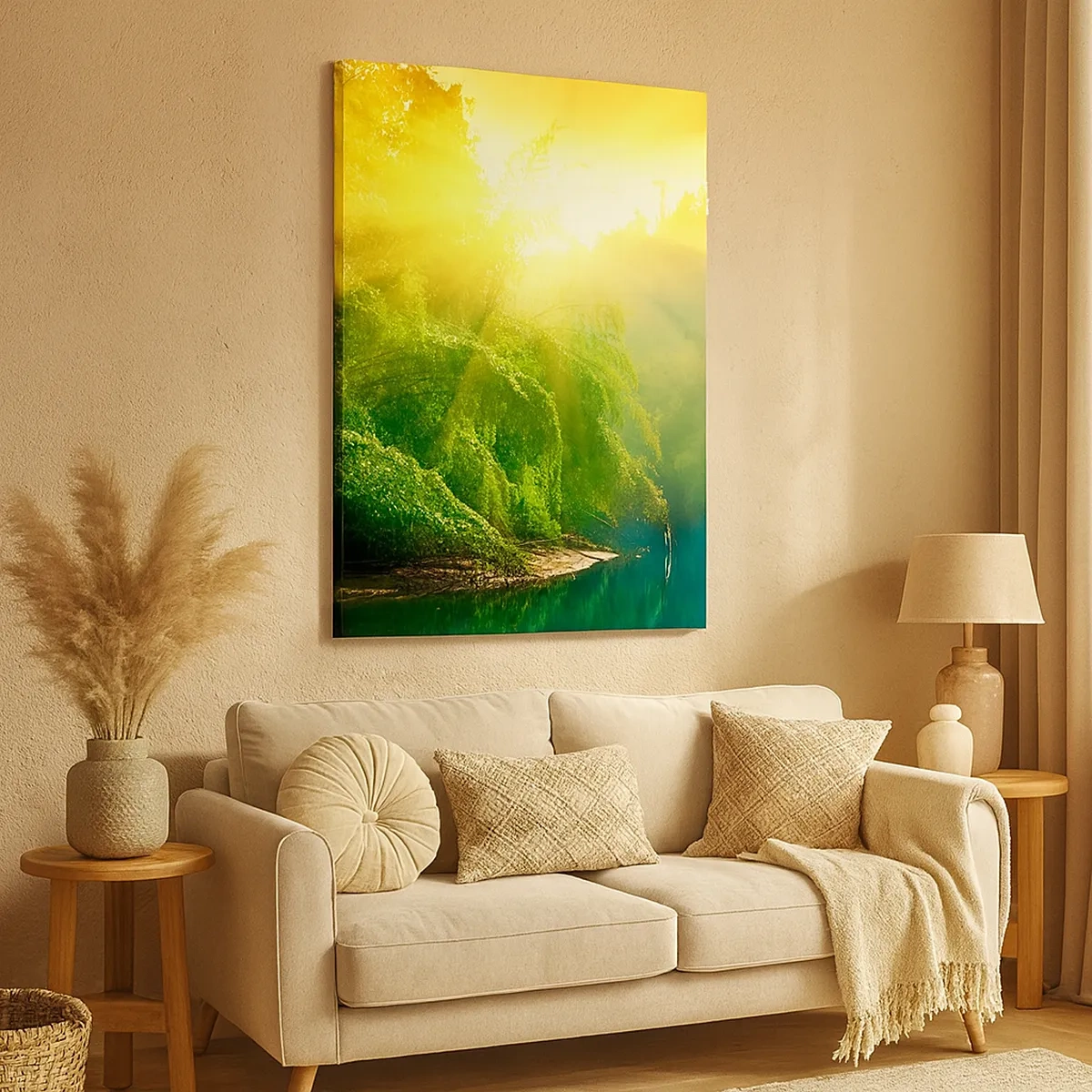 Cuadro sobre lienzo - Impresión de Imagen - Un bosque verde junto al río, iluminado por los rayos del sol naciente. - 50x70cm - Ahogarse en el sol y la sombra - Decoración de pared moderna para salón y dormitorio ARTTOR