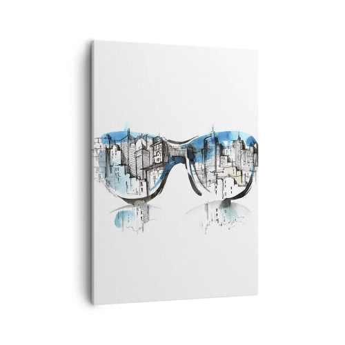 Cuadro sobre lienzo - Impresión de Imagen - Acuarela del panorama de la ciudad reflejado en las gafas. - 50x70cm - La elegancia de la gran ciudad - Decoración de pared moderna para salón y dormitorio ARTTOR