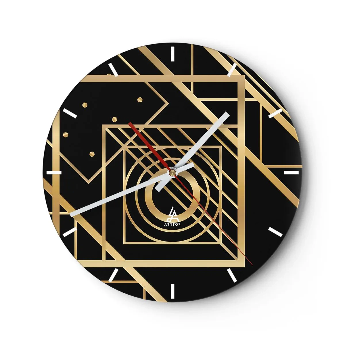 Reloj de pared - Reloj de vidrio - Patrón geométrico dorado sobre fondo negro. - 30x30cm - Geometría dorada - Decoración de pared moderna para salón, cocina y dormitorio ARTTOR