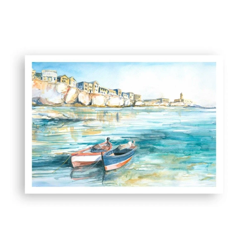 Póster - Un pintoresco paisaje costero con barcos en el agua. - 100x70cm - Paisaje en azul - Decoración de pared moderna para salón y dormitorio ARTTOR