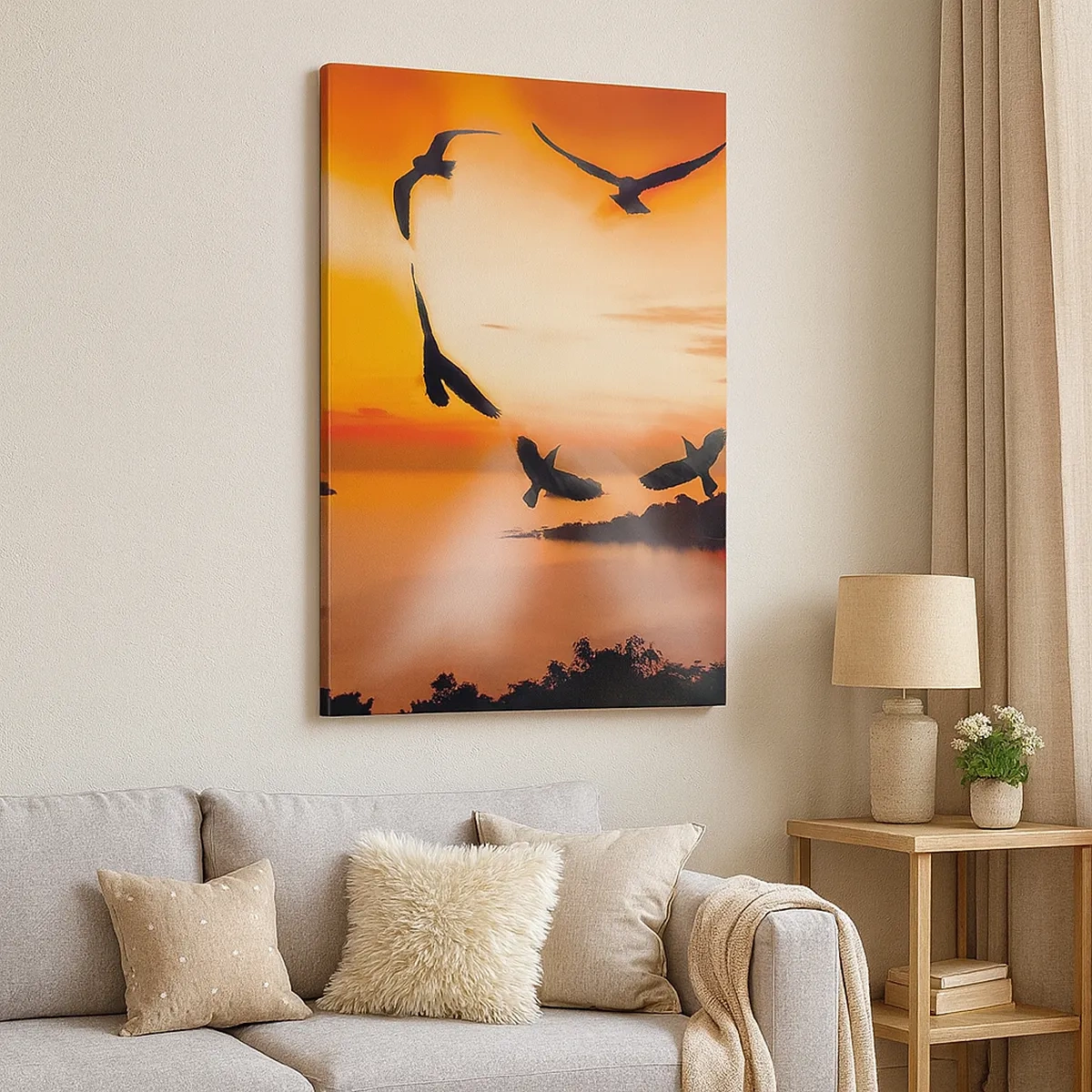 Cuadro sobre lienzo - Impresión de Imagen - Pájaros formando un corazón con el sol poniente como telón de fondo. - 50x70cm - Ama el mundo como los pájaros - Decoración de pared moderna para salón y dormitorio ARTTOR