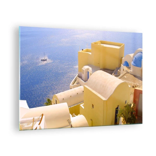 Cuadro sobre vidrio - Impresiones sobre Vidrio - Vista de Santorini con mar azul y edificios blancos. - 70x50cm - Paisaje griego en blanco y azul - Decoración de pared moderna para salón y dormitorio ARTTOR
