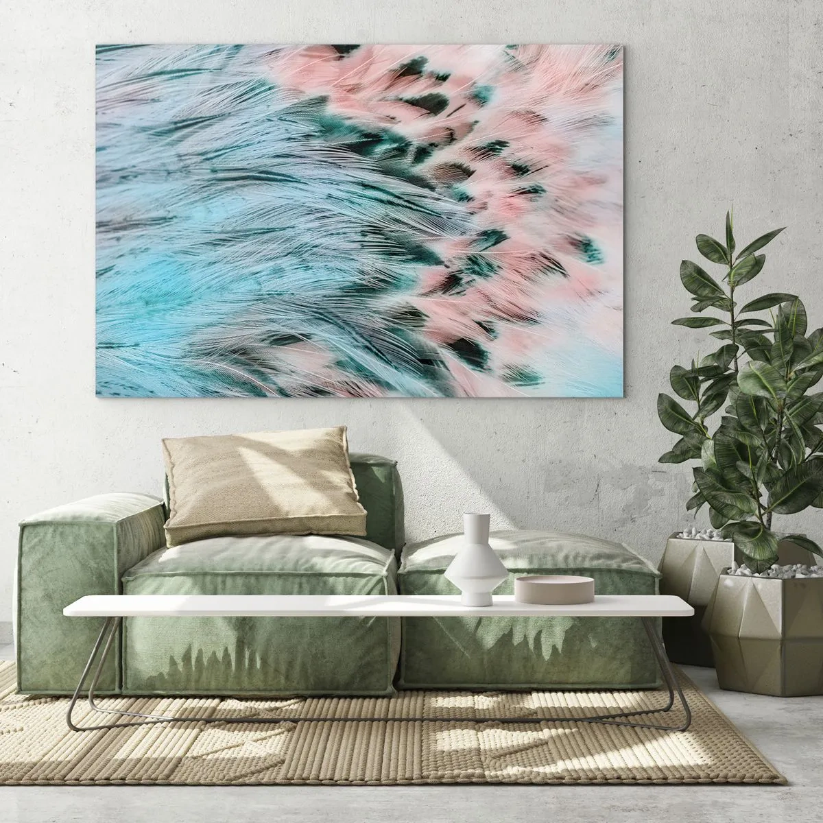 Cuadro sobre vidrio - Impresiones sobre Vidrio - Primer plano de plumas en tonos rosa zafiro. - 100x70cm - Suavidad rosa zafiro - Decoración de pared moderna para salón y dormitorio ARTTOR