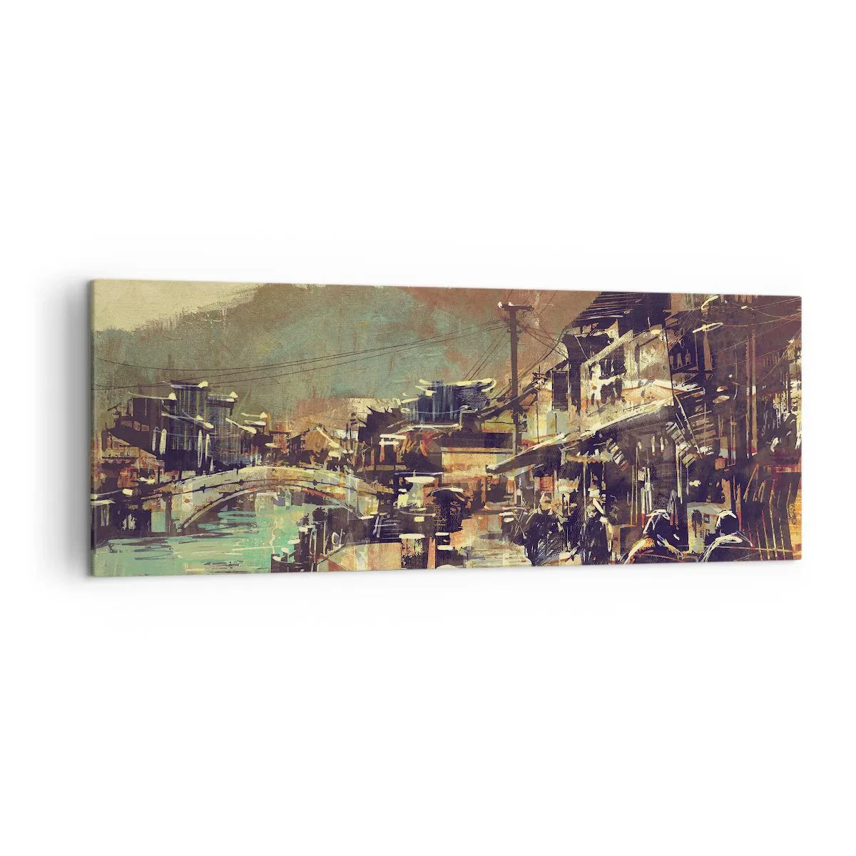 Cuadro sobre lienzo - Impresión de Imagen - Un pueblo con un puente y calles de estilo artístico. - 140x50cm - La vida como riqueza de grises - Decoración de pared moderna para salón y dormitorio ARTTOR