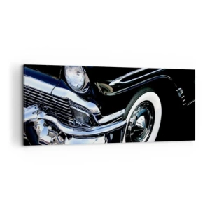 Cuadro sobre lienzo - Impresión de Imagen - Primer plano del faro y el guardabarros de un coche clásico negro - 120x50cm - Clásicos en plata, negro y blanco - Decoración de pared moderna para salón y dormitorio ARTTOR