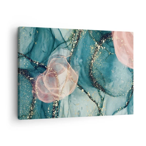 Cuadro sobre lienzo - Impresión de Imagen - Una composición abstracta en tonos turquesa y dorado. - 70x50cm - Seda azul, tul rosa - Decoración de pared moderna para salón y dormitorio ARTTOR