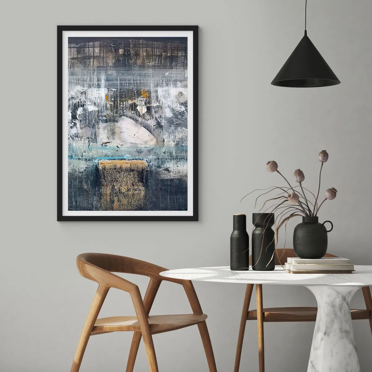 Póster en marco negro - Una composición abstracta en tonos grises y dorados. - 50x70cm - Hielo abstracto - Decoración de pared moderna para salón y dormitorio ARTTOR