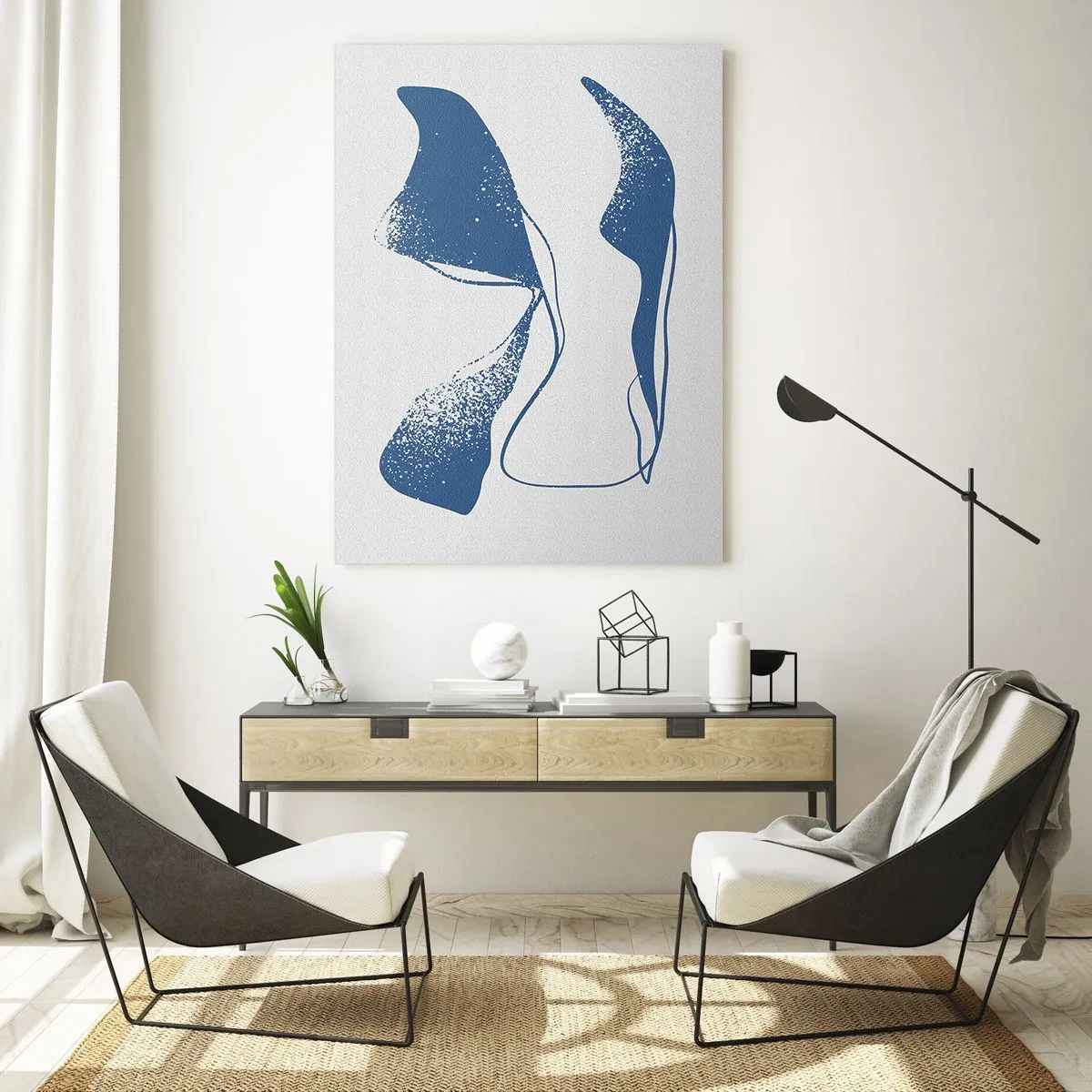 Cuadro sobre vidrio - Impresiones sobre Vidrio - Formas abstractas en tonos azules sobre un fondo blanco. - 80x120cm - Abstracción con alas - Decoración de pared moderna para salón y dormitorio ARTTOR