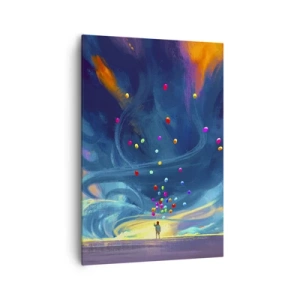 Cuadro sobre lienzo - Impresión de Imagen - Una figura con globos contra un fondo de nubes coloridas y arremolinadas. - 70x100cm - En un viento azul - Decoración de pared moderna para salón y dormitorio ARTTOR