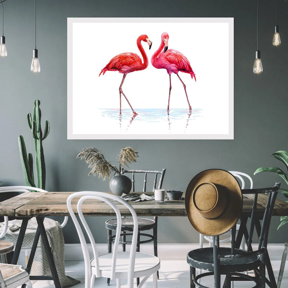 Póster - Una pareja de flamencos en el agua contra un fondo claro. - 100x70cm - Cita rosada - Decoración de pared moderna para salón y dormitorio ARTTOR