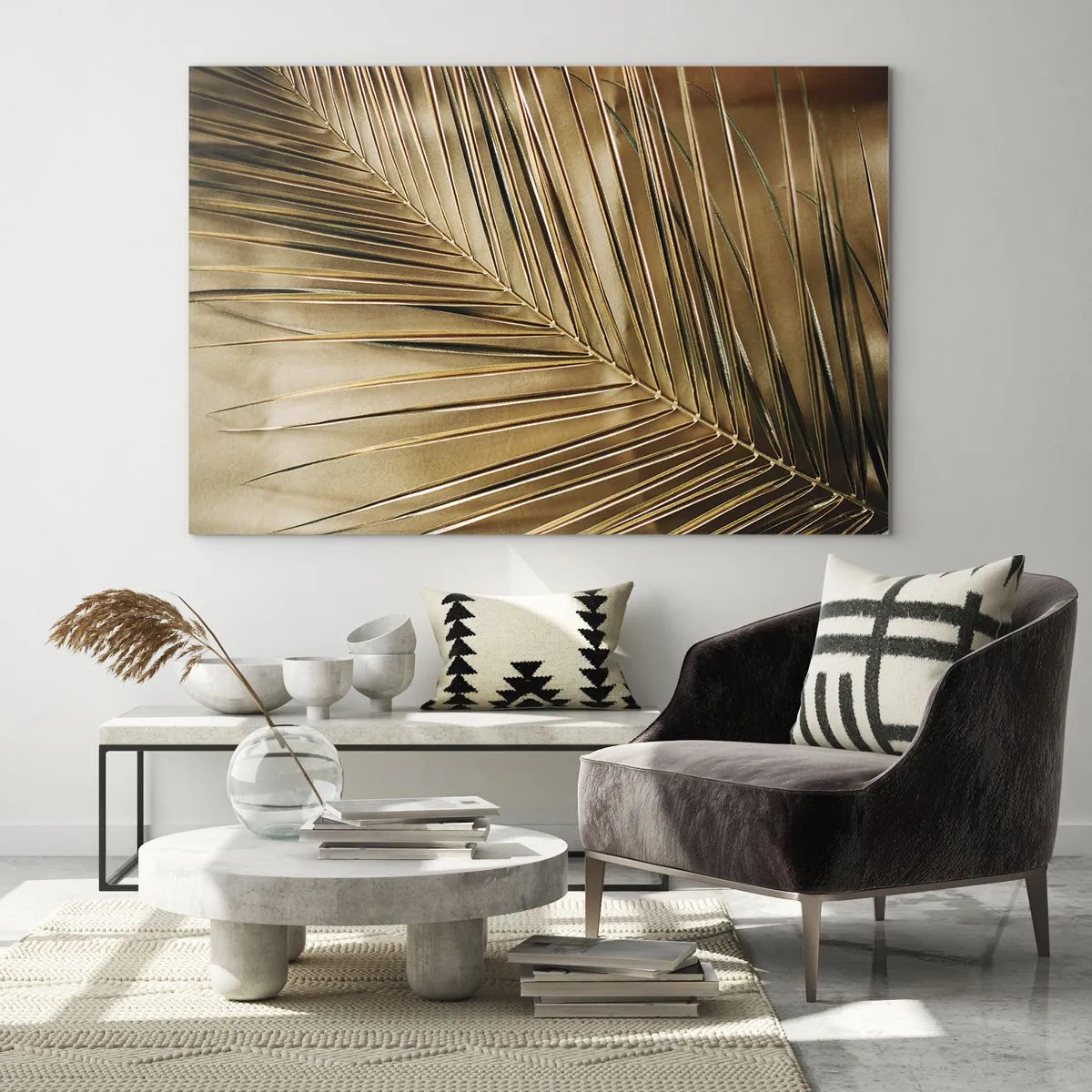 Cuadro sobre vidrio - Impresiones sobre Vidrio - Primer plano de una hoja de palma en tonos marrón dorado. - 70x50cm - Una columnata natural - Decoración de pared moderna para salón y dormitorio ARTTOR