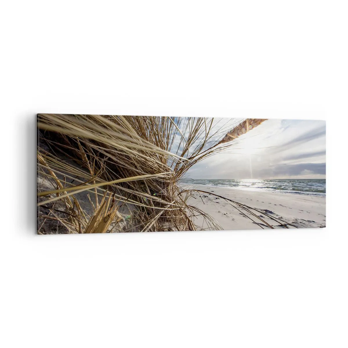 Cuadro sobre lienzo - Impresión de Imagen - Una playa con hierba seca en las dunas y vistas al mar. - 140x50cm - Una reunión de los elementos - Decoración de pared moderna para salón y dormitorio ARTTOR